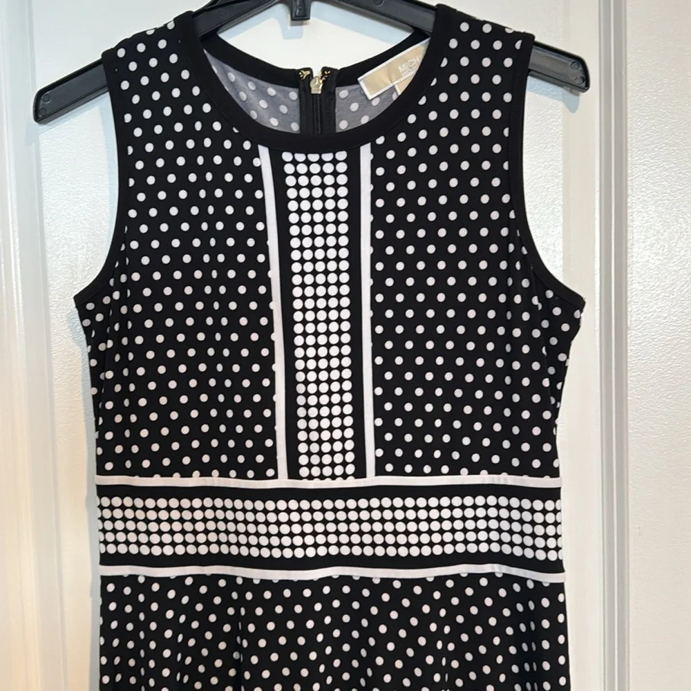 Michael Kors black white polka dot fit and flare sleeveless dress medium petite